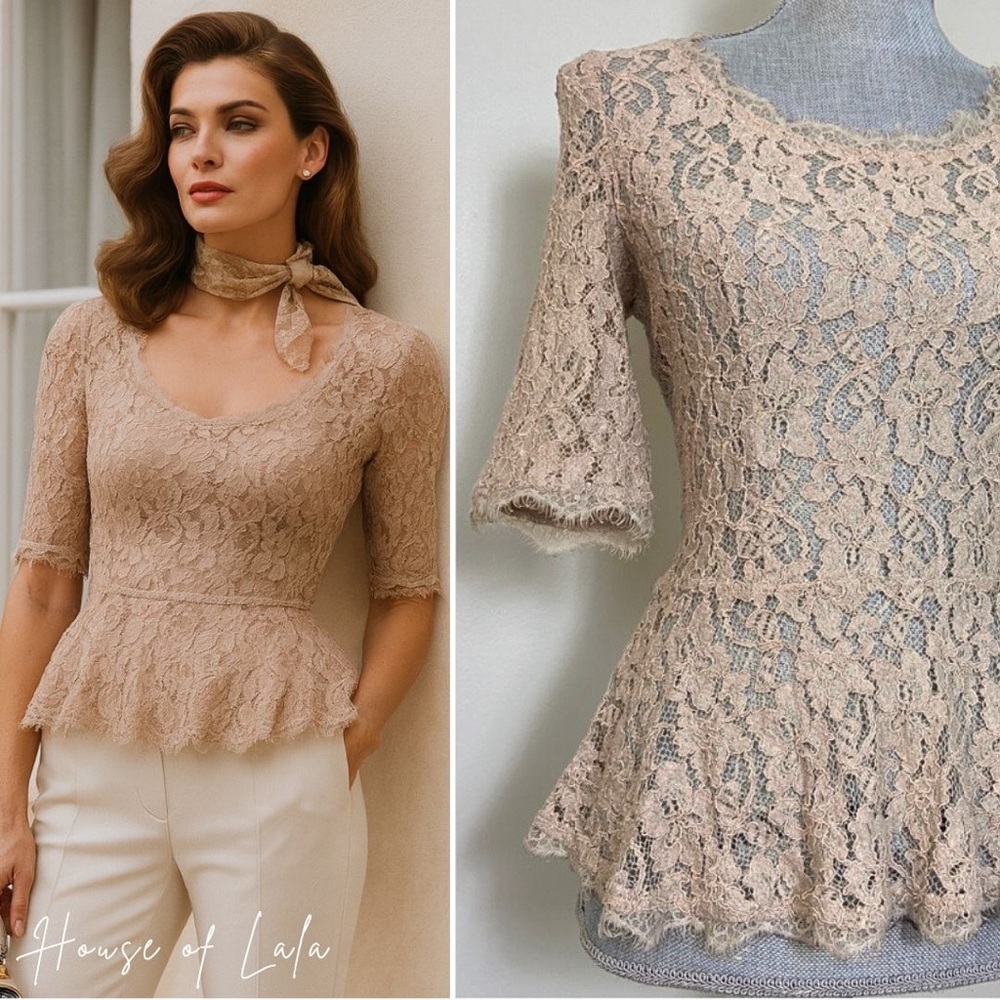 Aritzia Lace Peplum Blouse in Soft Tan